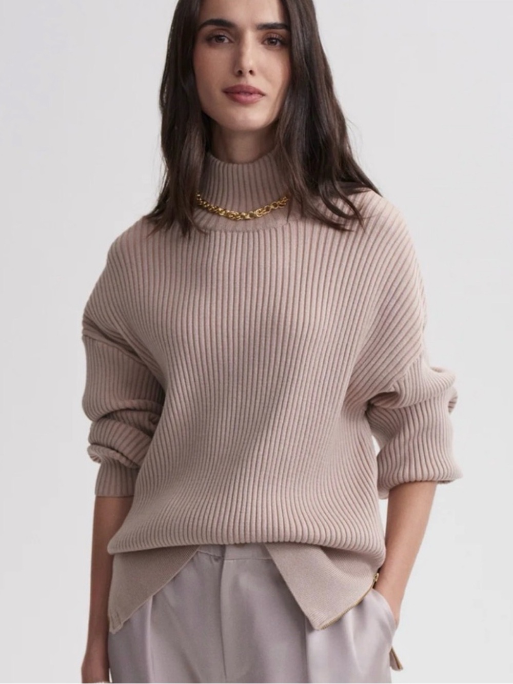 Varley Mayfair Mock Neck Knit Sweater Tan Size XS